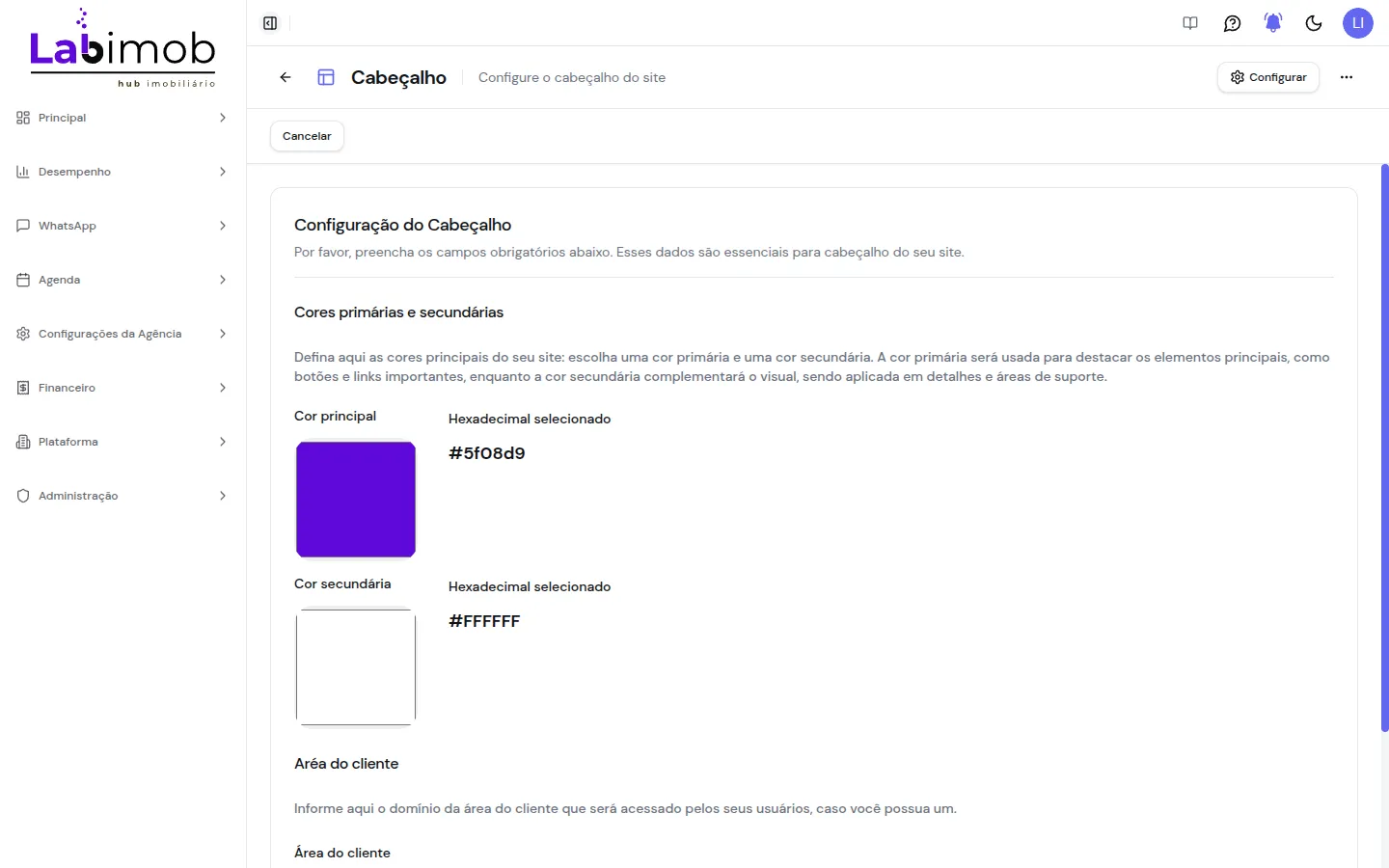 Tela de configuração do cabeçalho com cores principal e secundária e área do cliente