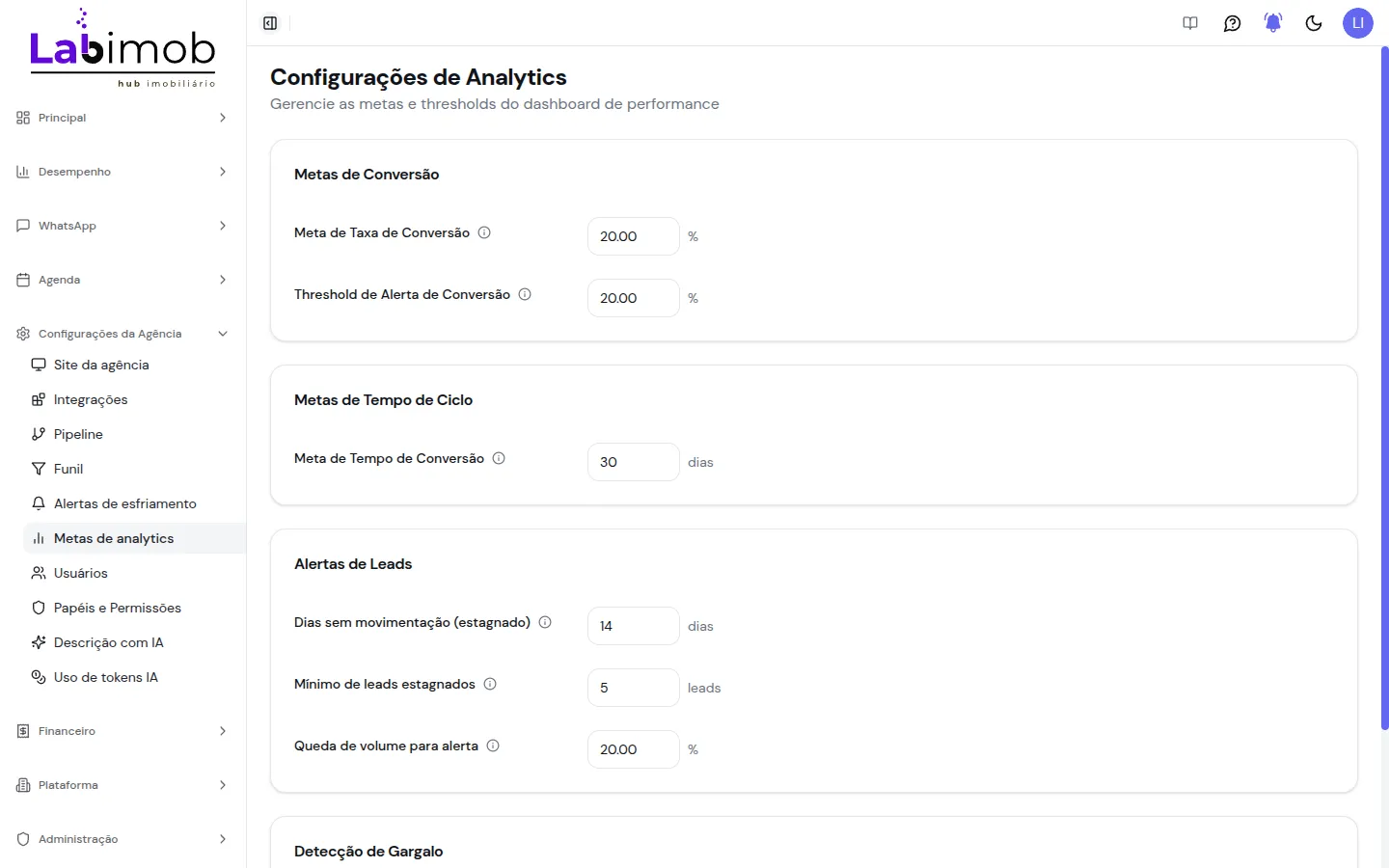 Tela de configurações de metas de analytics com os grupos de parâmetros