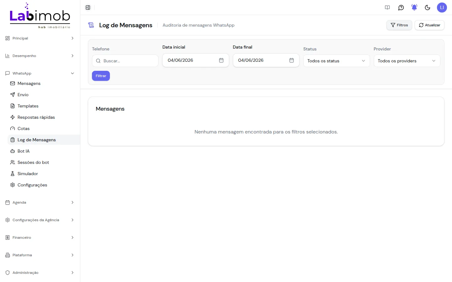 Log de mensagens com painel de filtros aberto