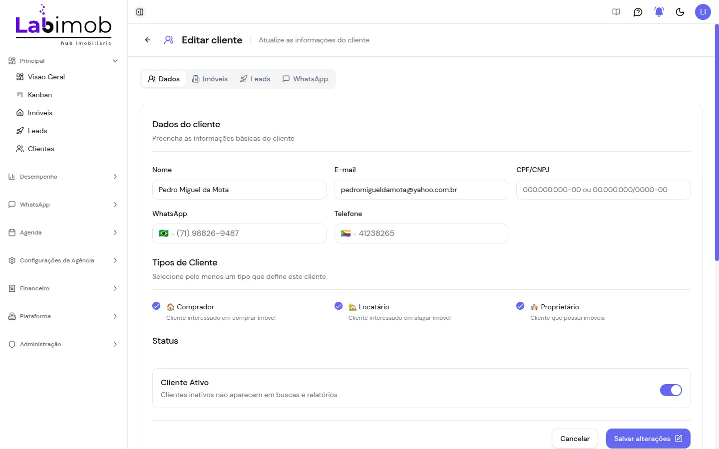 Tela de edição do cliente com a aba Dados preenchida