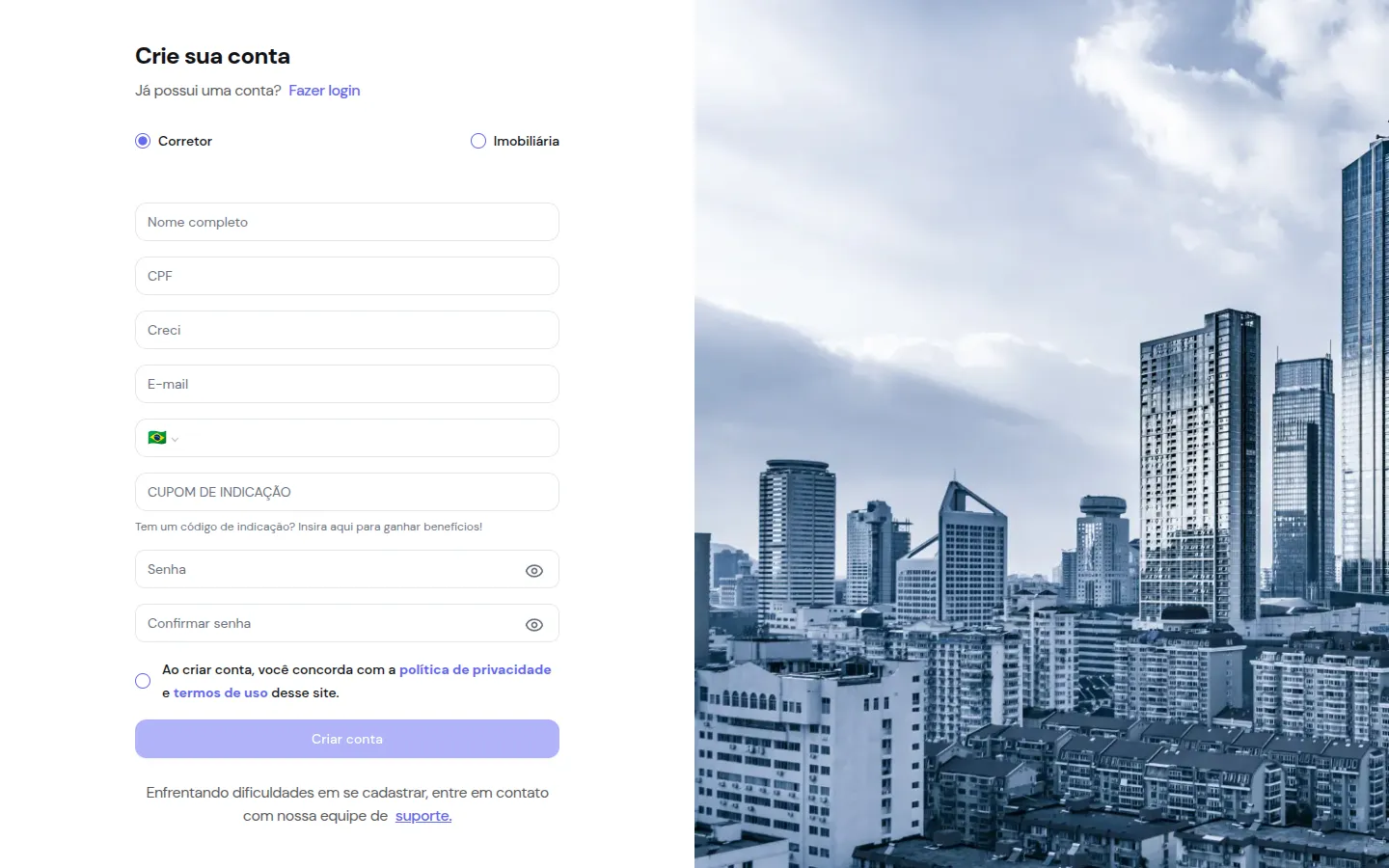 Formulário de criação de conta com a opção Corretor selecionada