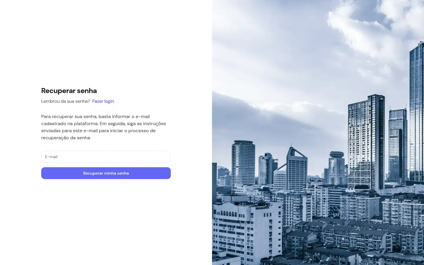 Tela de recuperação de senha com campo de e-mail