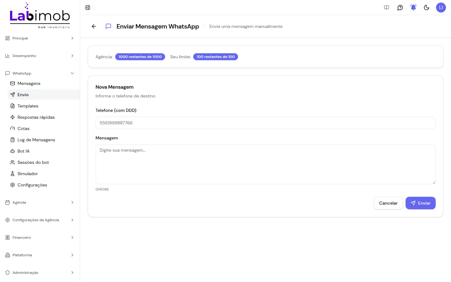 Formulário de envio de mensagem com telefone, mensagem e cotas disponíveis