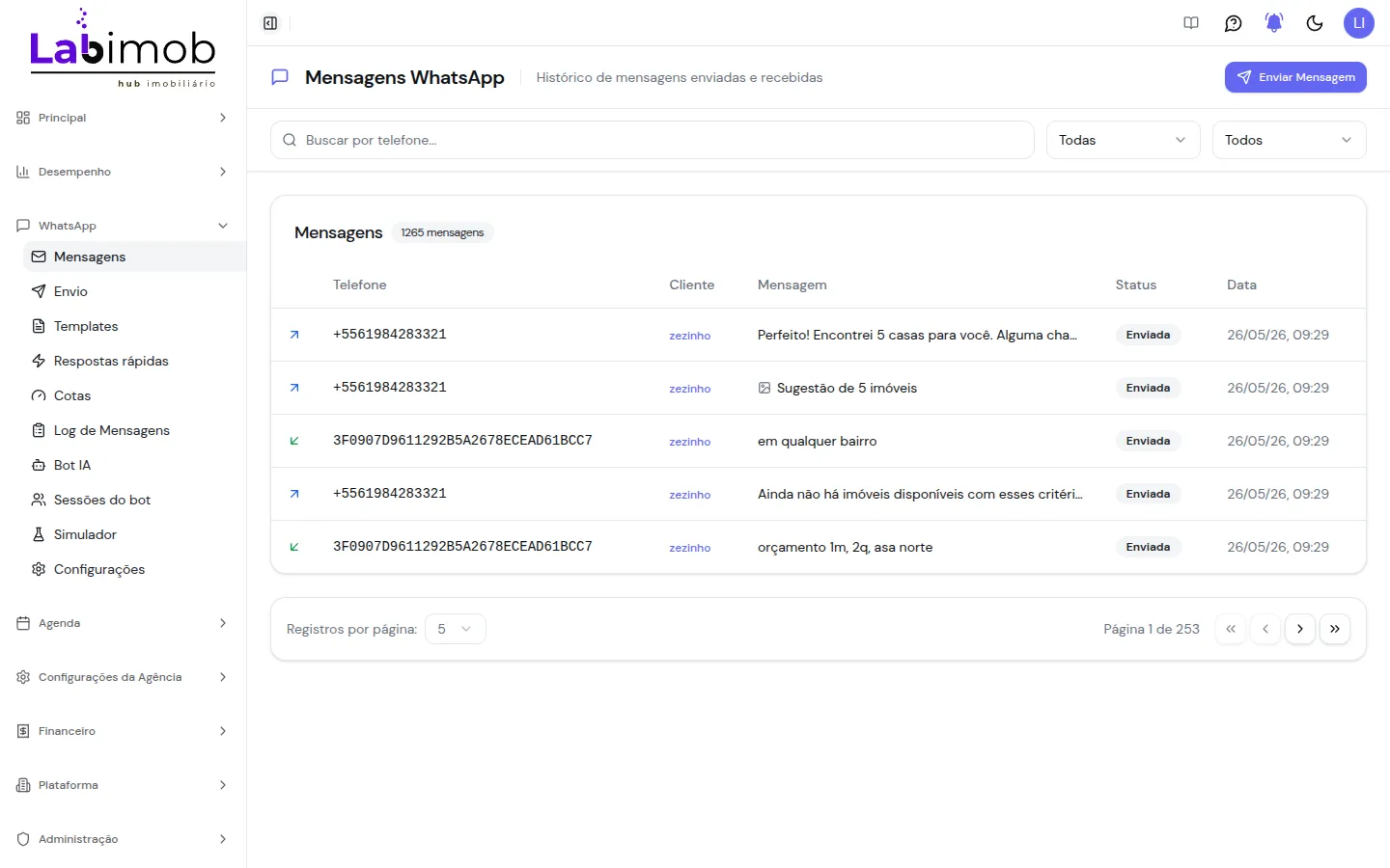 Histórico de mensagens de WhatsApp com telefone, cliente, conteúdo, status e data