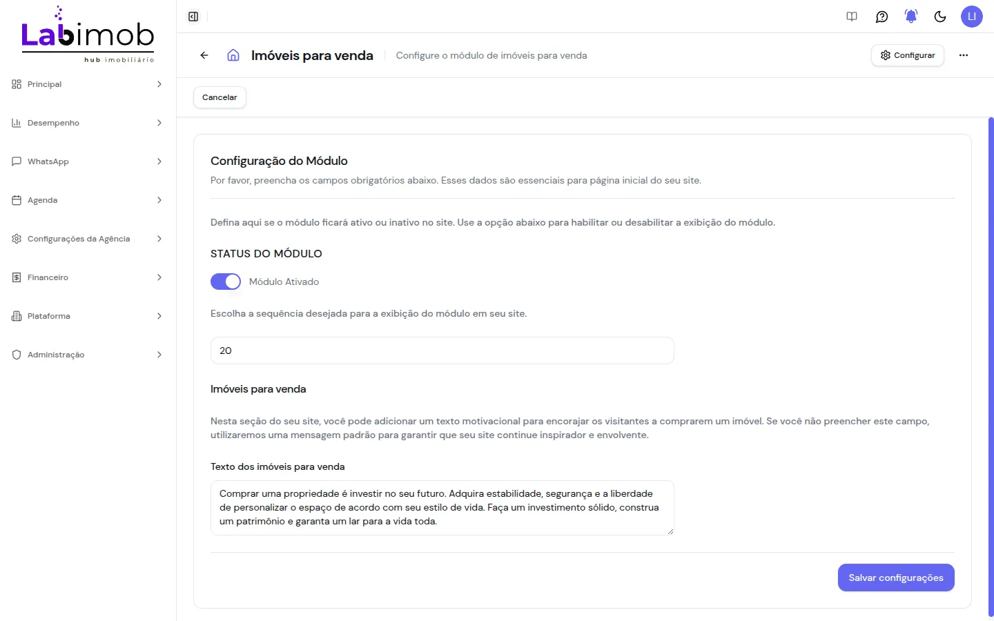 Tela de configuração da vitrine de imóveis à venda