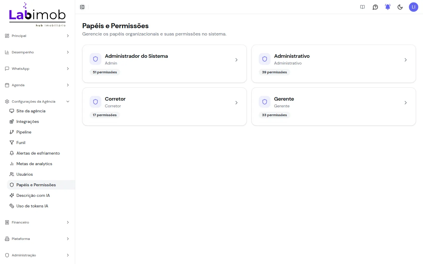 Lista de papéis Administrador do Sistema, Administrativo, Corretor e Gerente, cada um com a contagem de permissões
