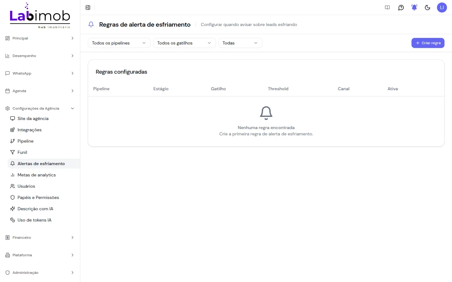 Lista de regras de alerta de esfriamento, vazia, com filtros no topo