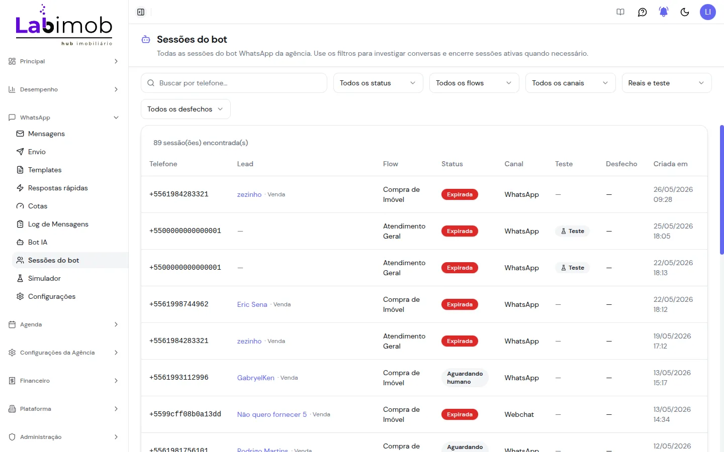 Lista de sessões do bot com filtros, status e contexto