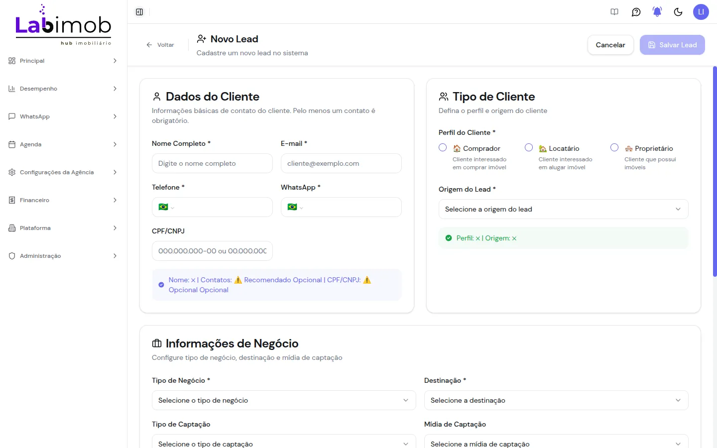 Formulário de criação de lead com os blocos de dados do cliente, tipo, negócio e gestão