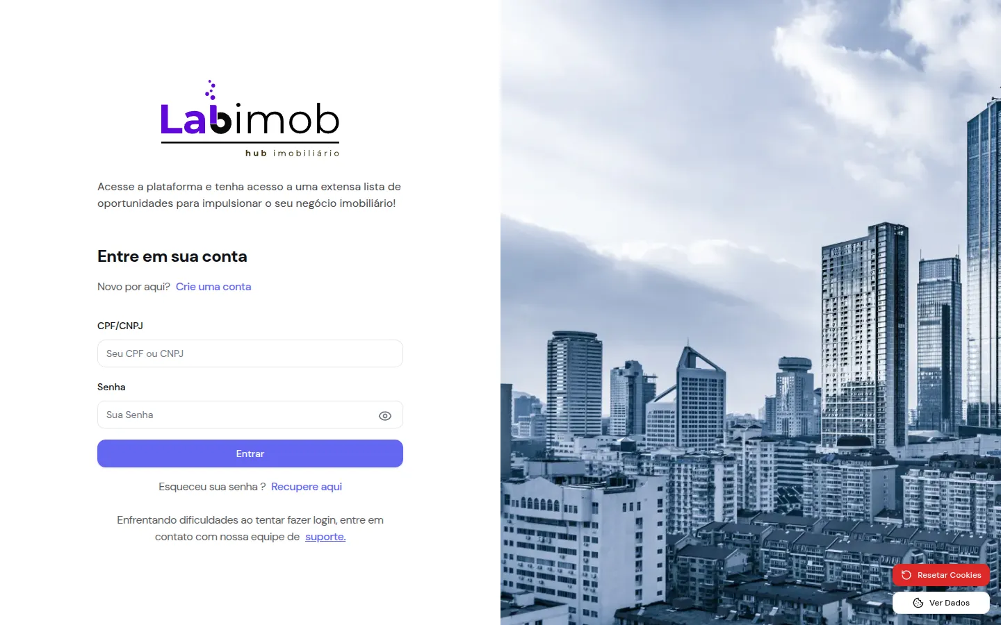 Tela de login do LabImob com campos de CPF/CNPJ e senha