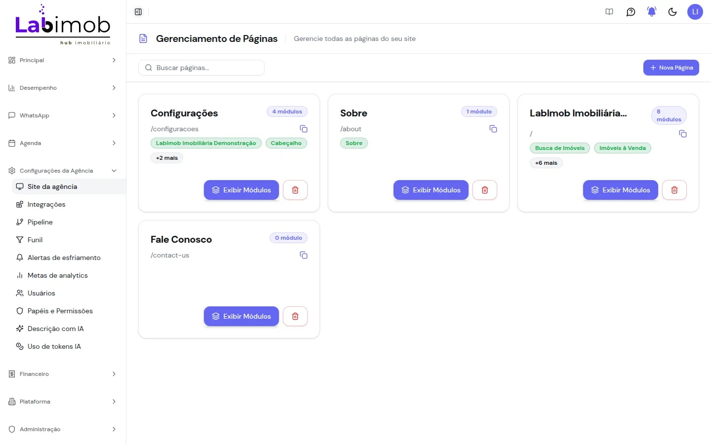 Tela de gerenciamento de páginas com cartões de cada página do site