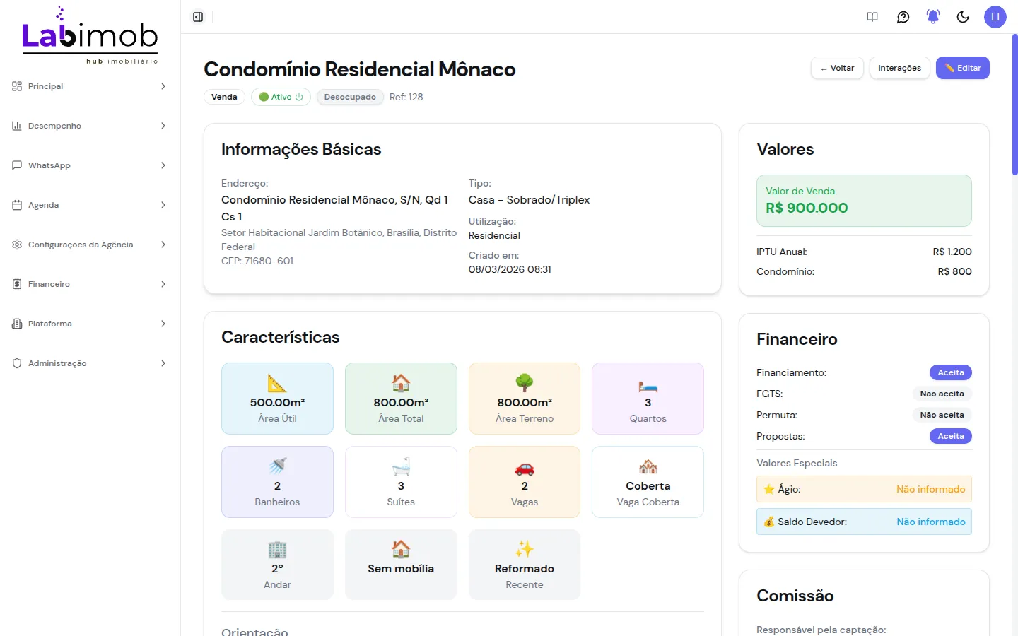 Tela de detalhes com informações básicas, características e descrição