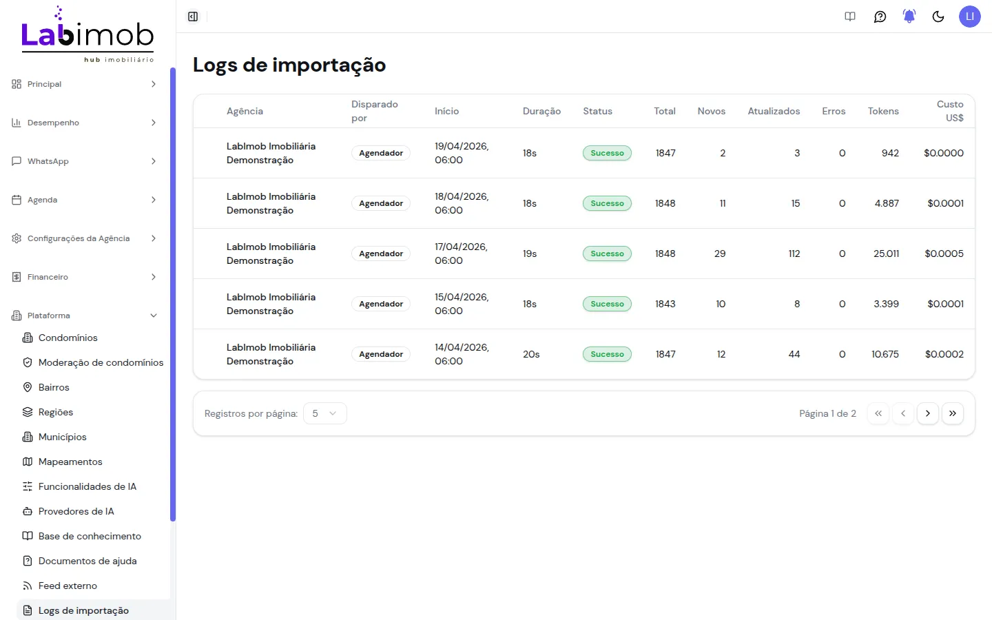 Tabela de Logs de importação com agência, disparado por, início, duração, status e contadores