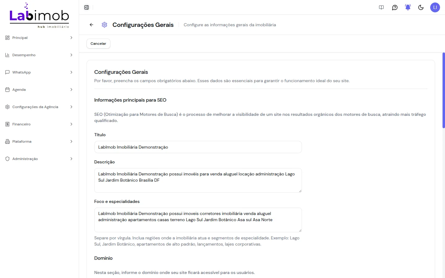 Tela de configurações gerais com SEO, domínio, logo, integrações e horário de funcionamento