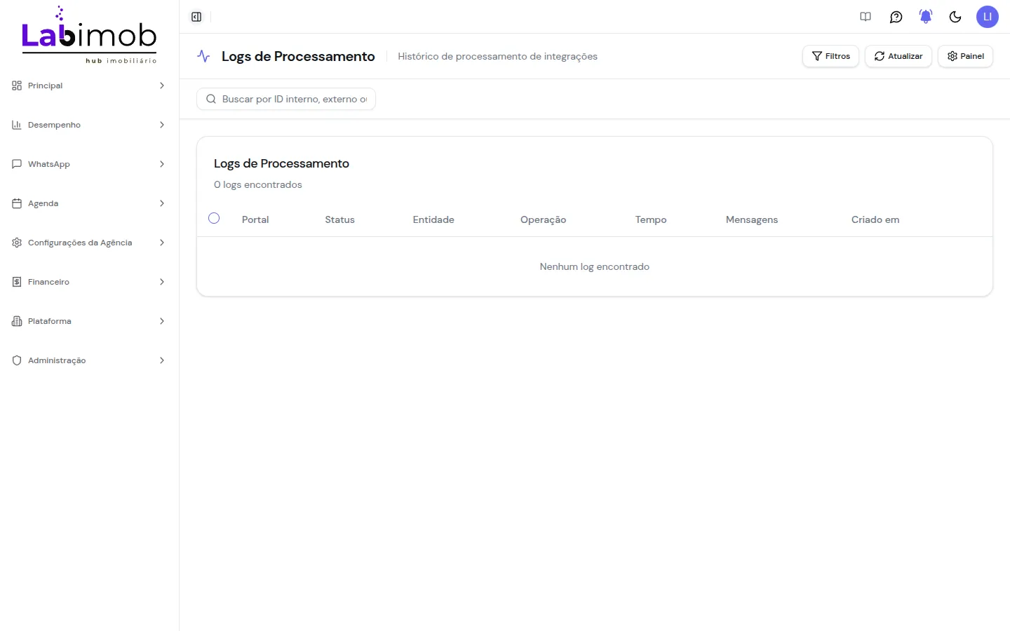 Lista de Logs de processamento com colunas de portal, status, entidade e operação