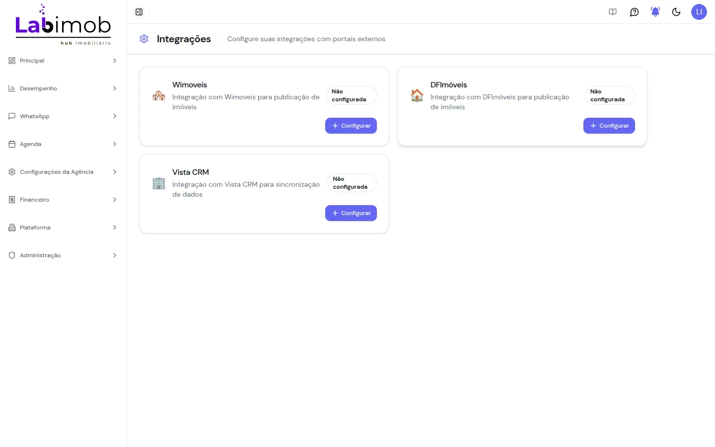 Tela de Integrações com os cartões de Wimoveis, DF Imóveis e Vista CRM