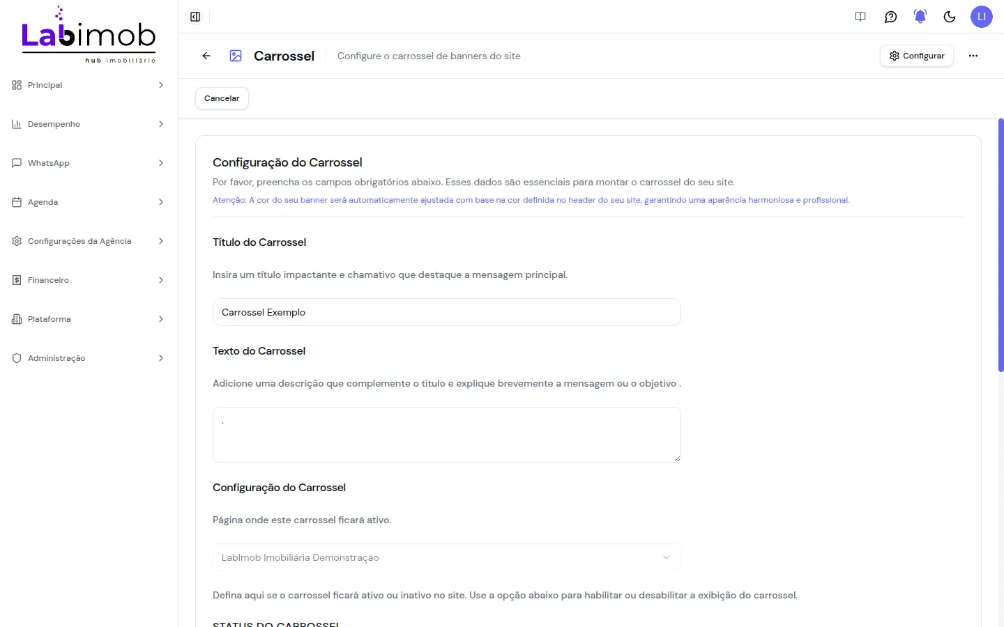 Tela de configuração do carrossel com título, texto, status e lista de banners