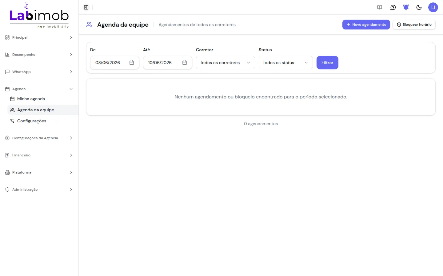 Tela Agenda da equipe com filtros de período, corretor e status