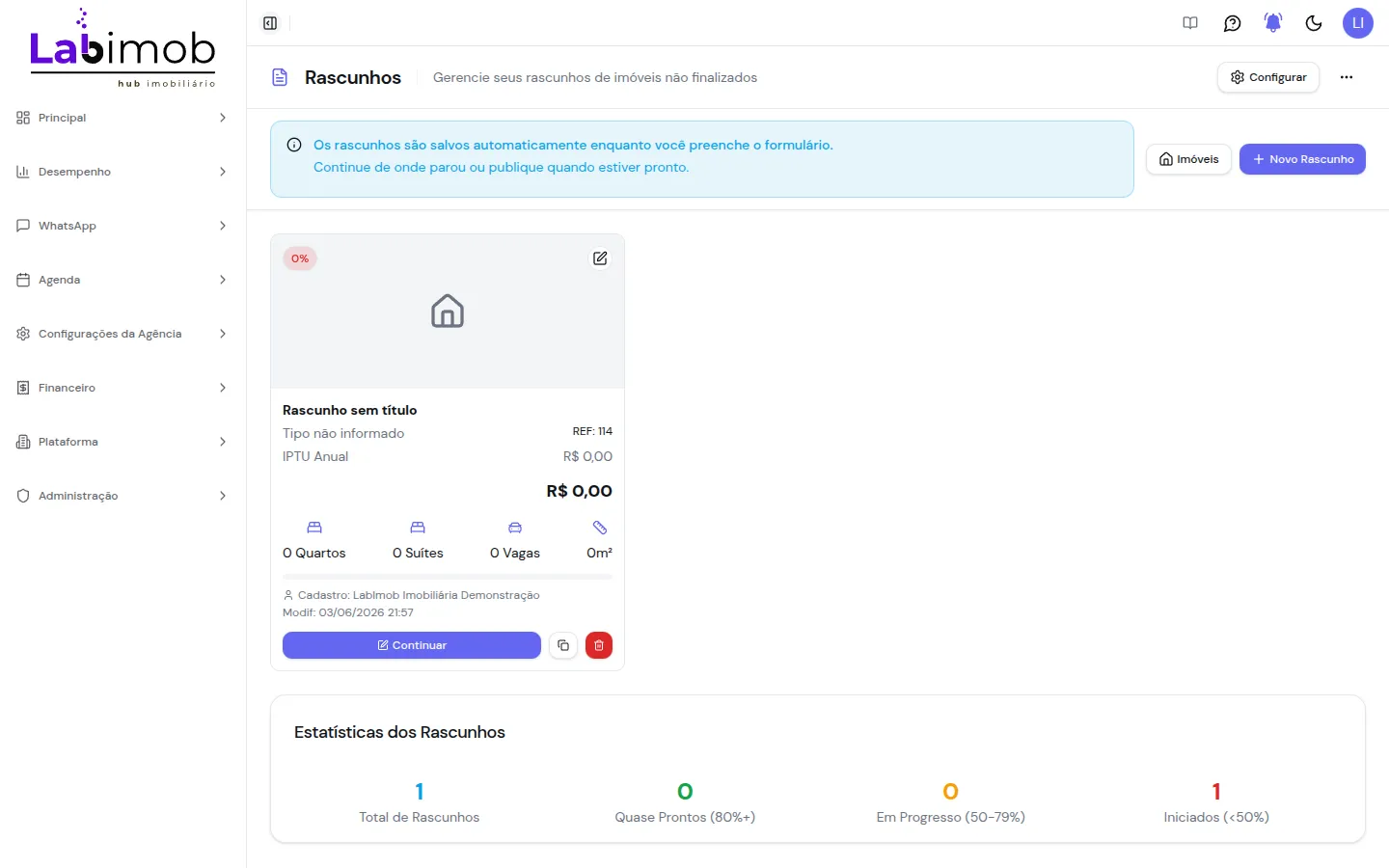 Tela de rascunhos com cartão de progresso e estatísticas