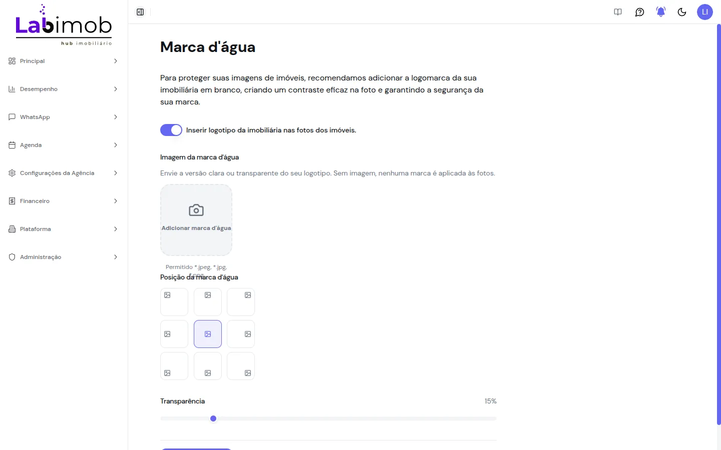 Tela de marca d'água com chave de ativação, envio de imagem, grade de posição e controle de transparência
