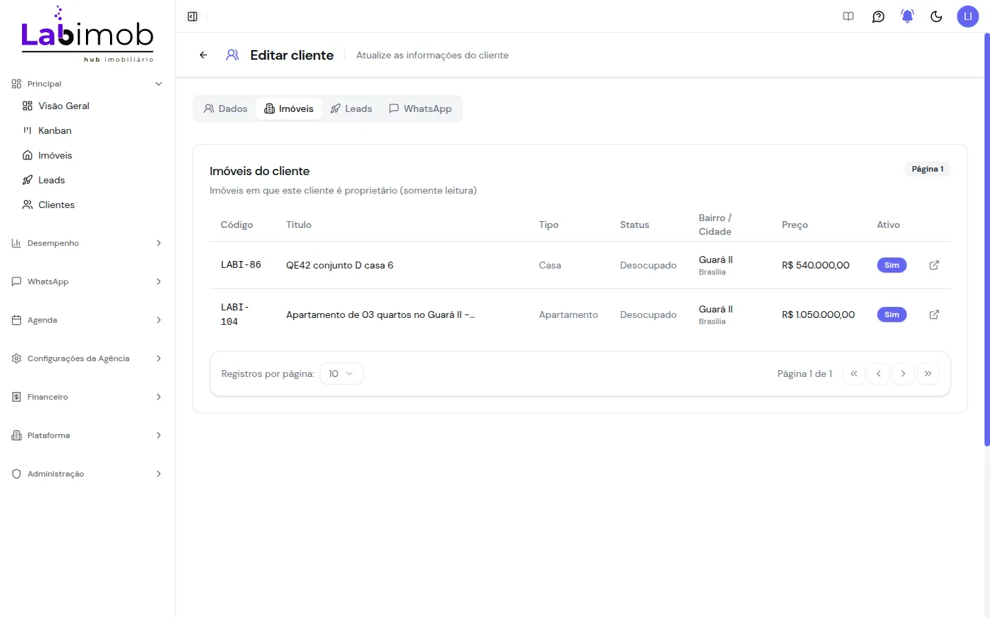 Aba Imóveis do cliente listando os imóveis vinculados