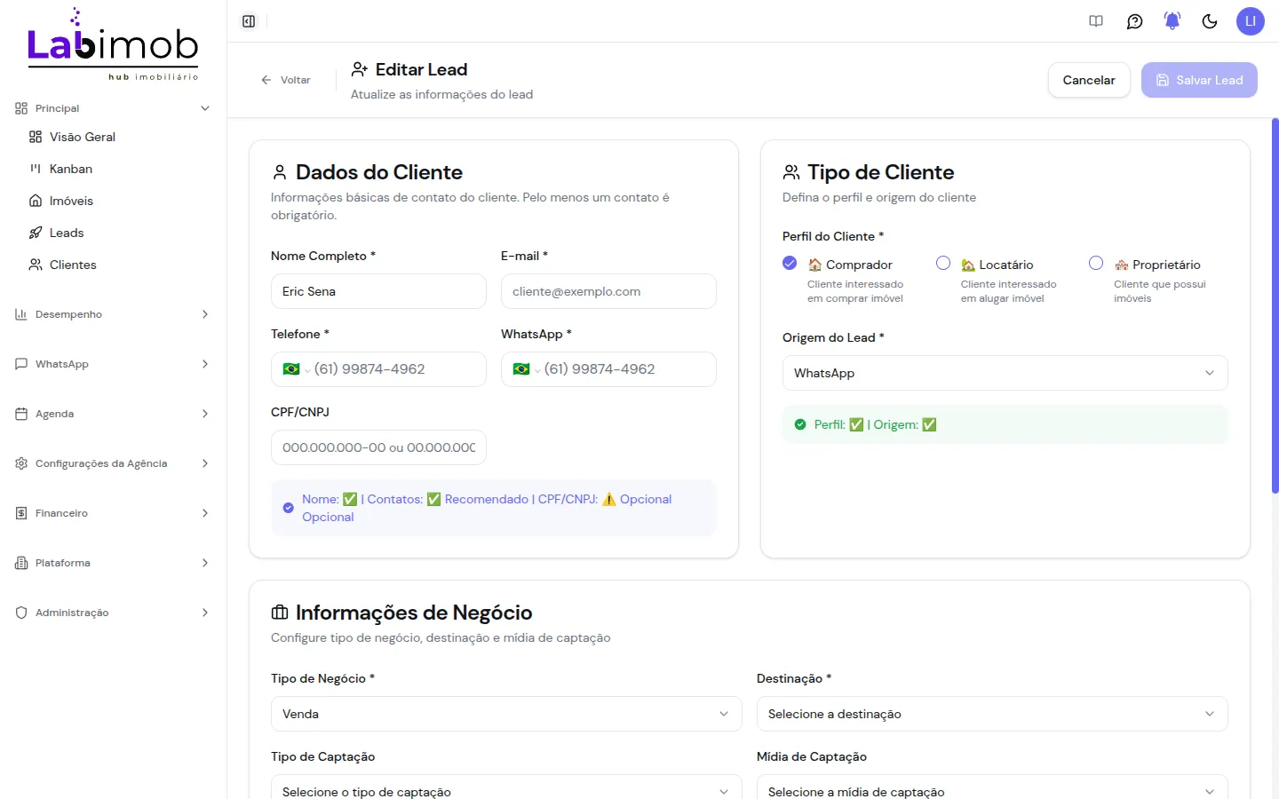 Formulário de edição de lead preenchido com os dados de um cliente existente