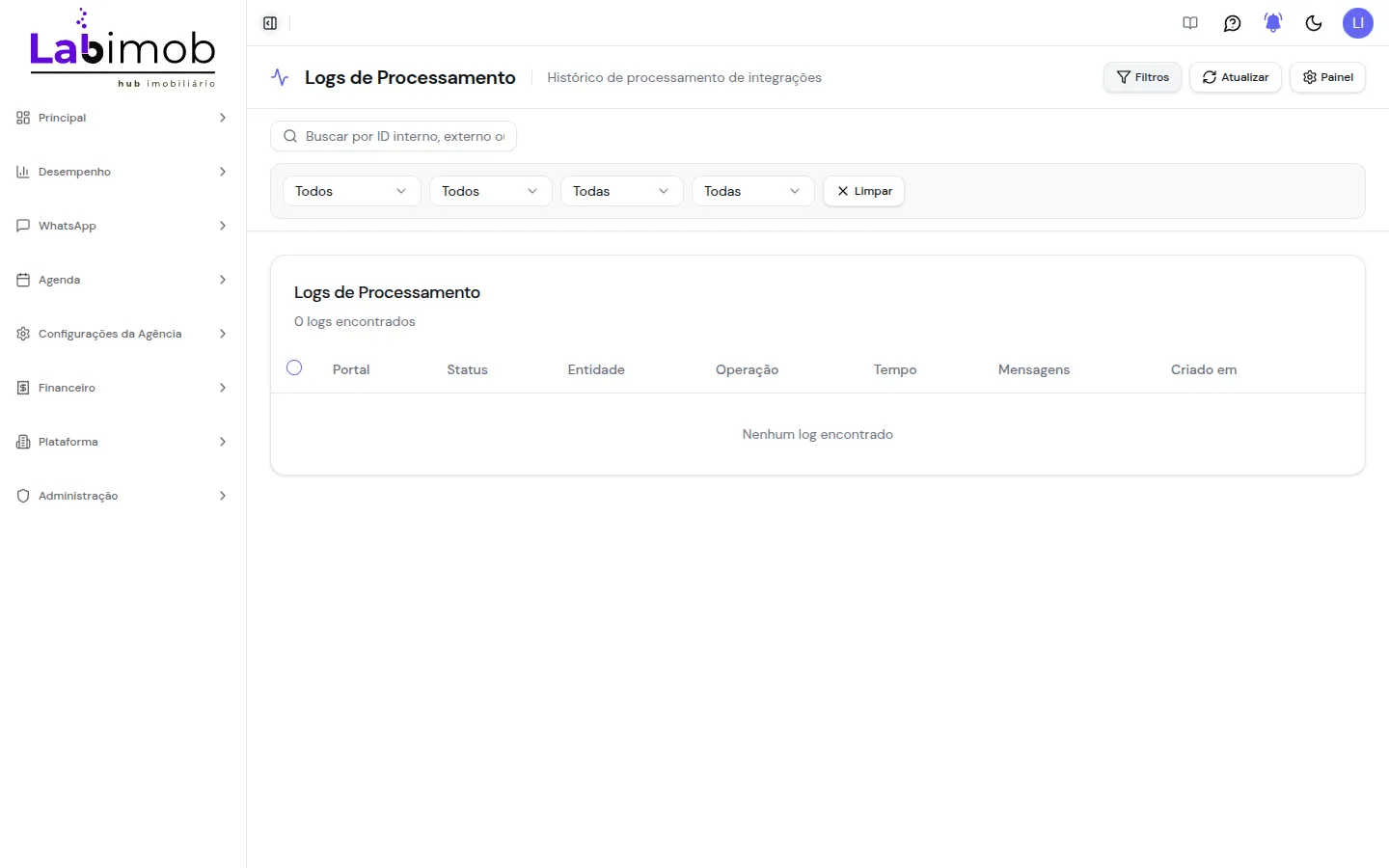 Painel de filtros dos logs com seletores de portal, status, entidade e operação