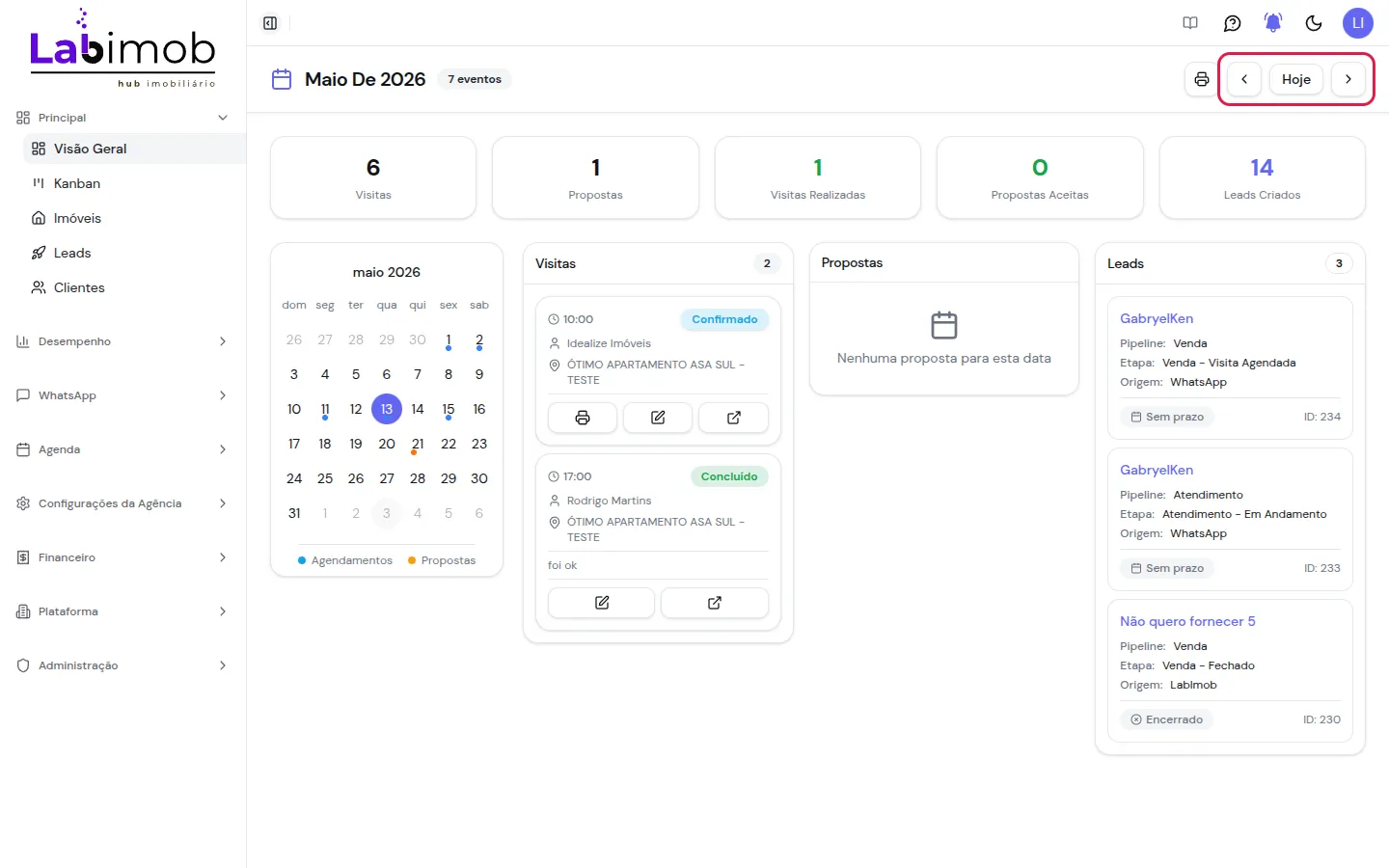 Botões de navegação entre meses e botão Hoje destacados no canto superior direito