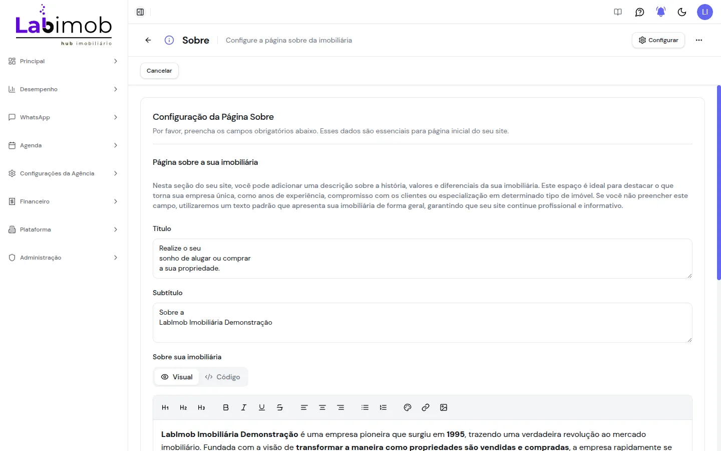 Tela da página Sobre com título, subtítulo e editor de texto