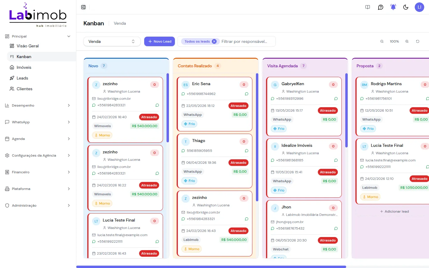 Quadro Kanban com colunas por etapa e cards de leads