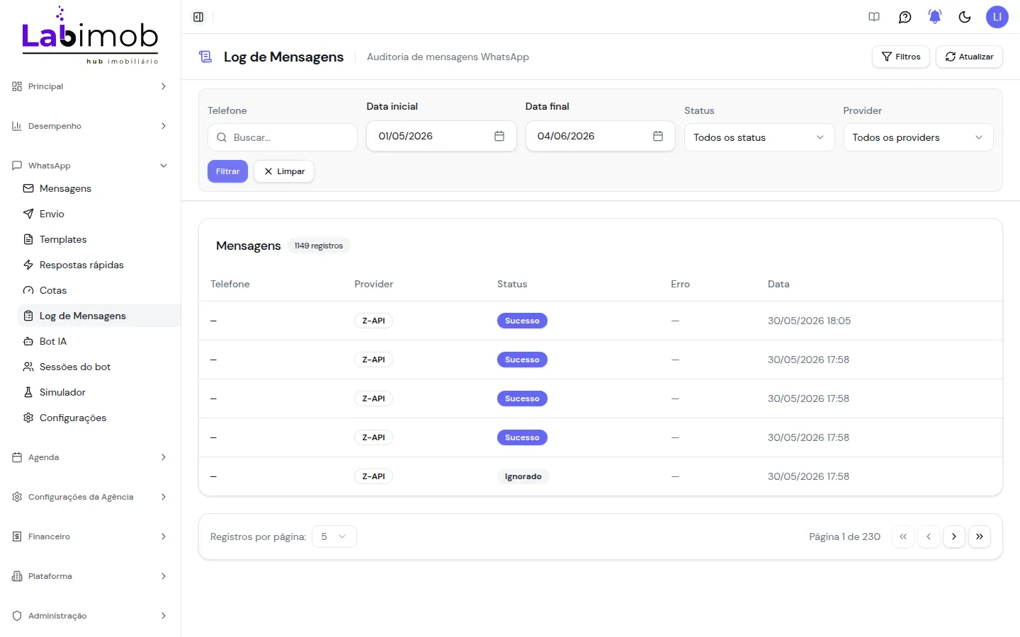 Lista de registros do log com provedor, status e data
