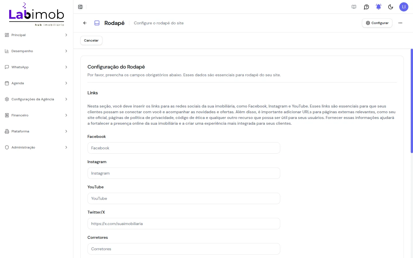Tela de configuração do rodapé com campos de redes sociais e links úteis